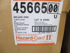 LOT TO INCLUDE: (132) COVERALLS, EXTRA EXTRA LARGE SIZE, HAZARDOUS/CHEMICAL PROTECTION KIND, SARANEX-LAMINATED POLYPROPYLENE W/TAPED SEAMS MATERIAL, WHITE COLOR, (10) BAGS, 12" X 16" X 2 MIL THICK SIZE, SAMPLE KIND, CLEAR PLASTIC MATERIAL. LOADING & HANDLING FEE $15-4218